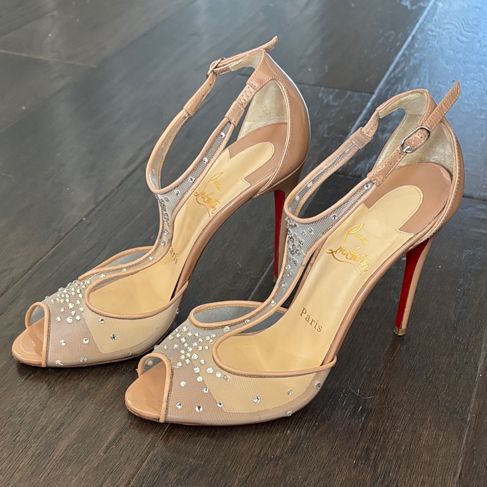Christian Louboutin Nude Patent & Mesh Crystals Stiletto Heels size 38